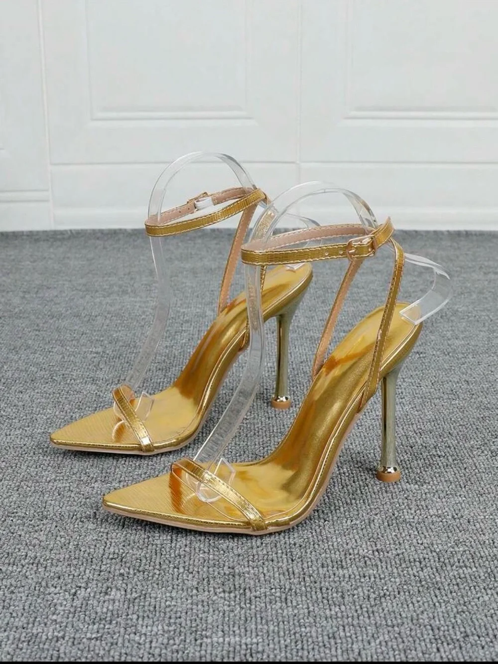 Gold Pointed Toe Stiletto Sandals with Ankle Strap